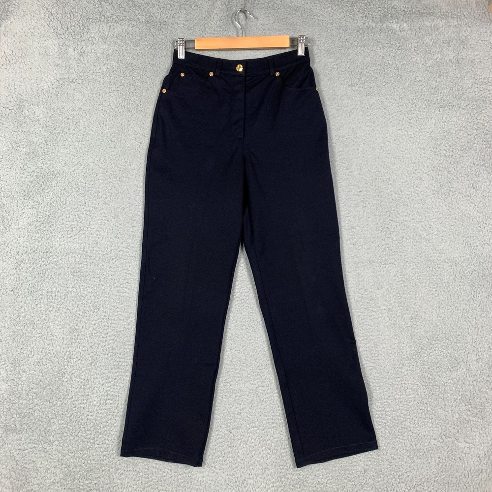 St. John Sport Casual Pants Women's 2 Navy Straight 5 Pocket Stretch Gold Button